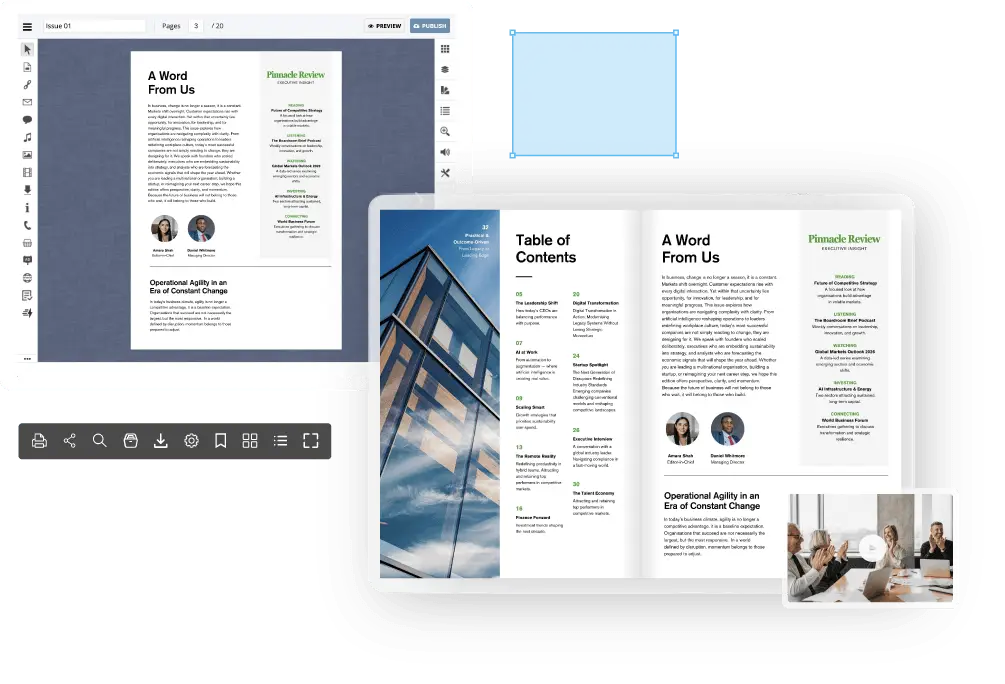 Digital newspaper and magazine pages displayed as realistic flipbook layouts across desktop and mobile devices
