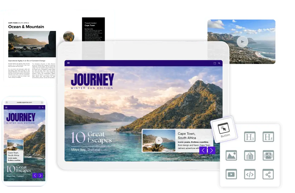 Content creation interface showing drag-and-drop tools for building interactive digital publications