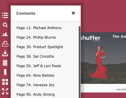 Image showing the contents menu from Shutter Mag