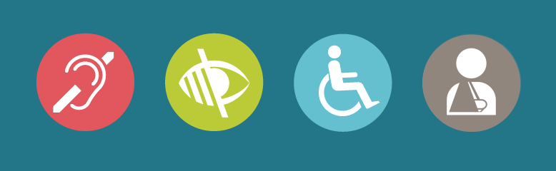 4 disability icons, hearing, vision, wheelchair user and physical injury